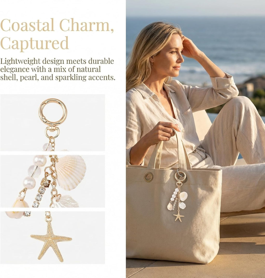 Beach Keychain with Gold Starfish and Seashell Charms Coastal Bag Charm Keychains for Women Cute Beachy Purse Accessories Sea Shell Travel for Ocean Lovers and Coastal Vibes