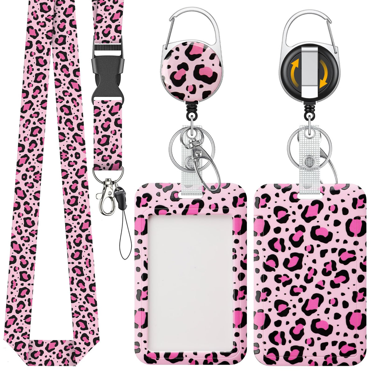 Uniclife Fashionable Sliding Badge Holder Exploding Fluff Cat Plastic Card Holder with Retractable Badge Reel Carabiner & Detachable Lanyard Vertical Card Protector for Office Worker Teacher Student