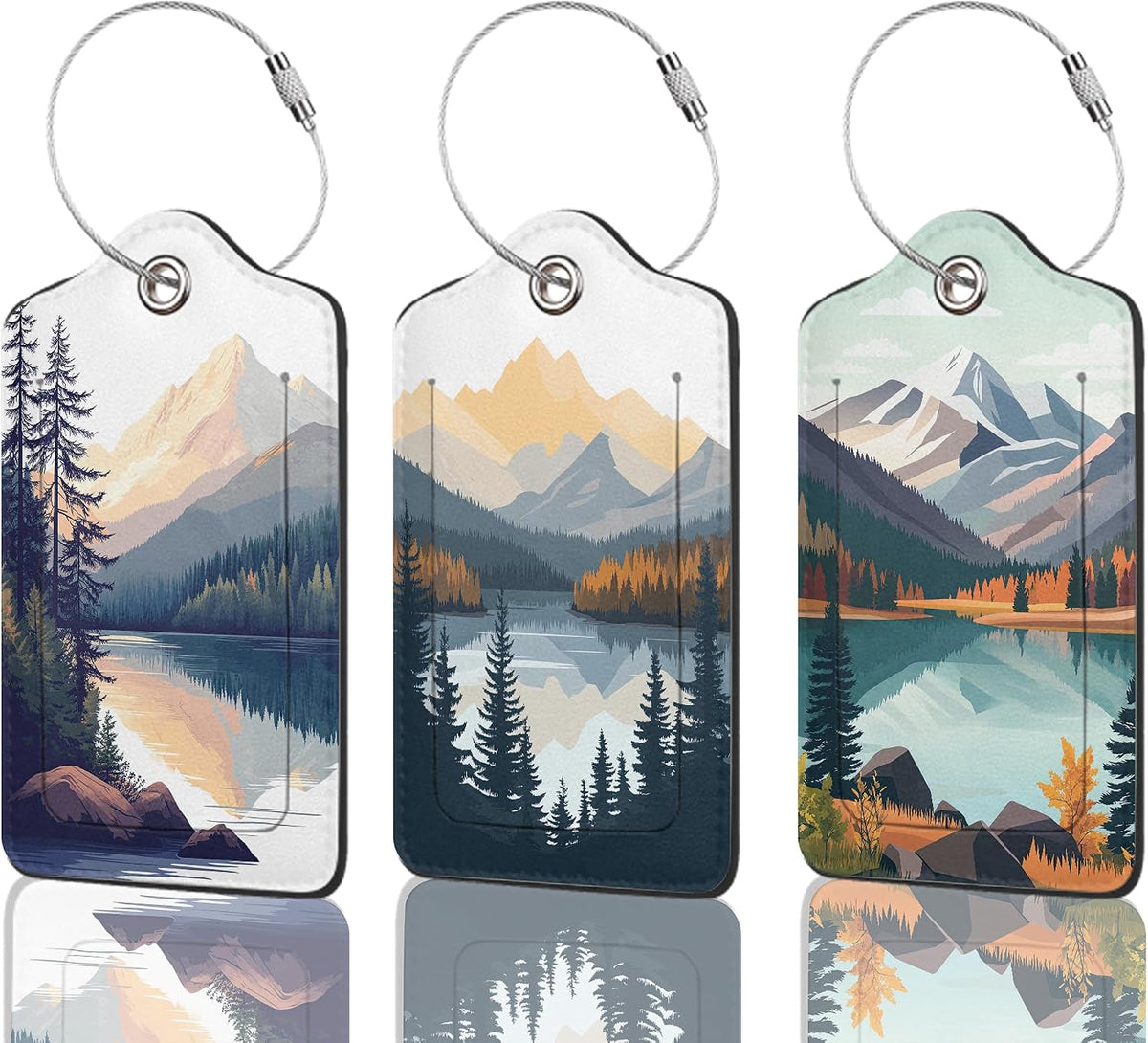 3 Pack Luggage Tag for Suitcase Leather Travel Cruise Luggage Tag with Stainless Steel Loop Name ID Label Privacy Cover for Adults Teens Travel Bag Labels Set (Mountain Forest Lake)