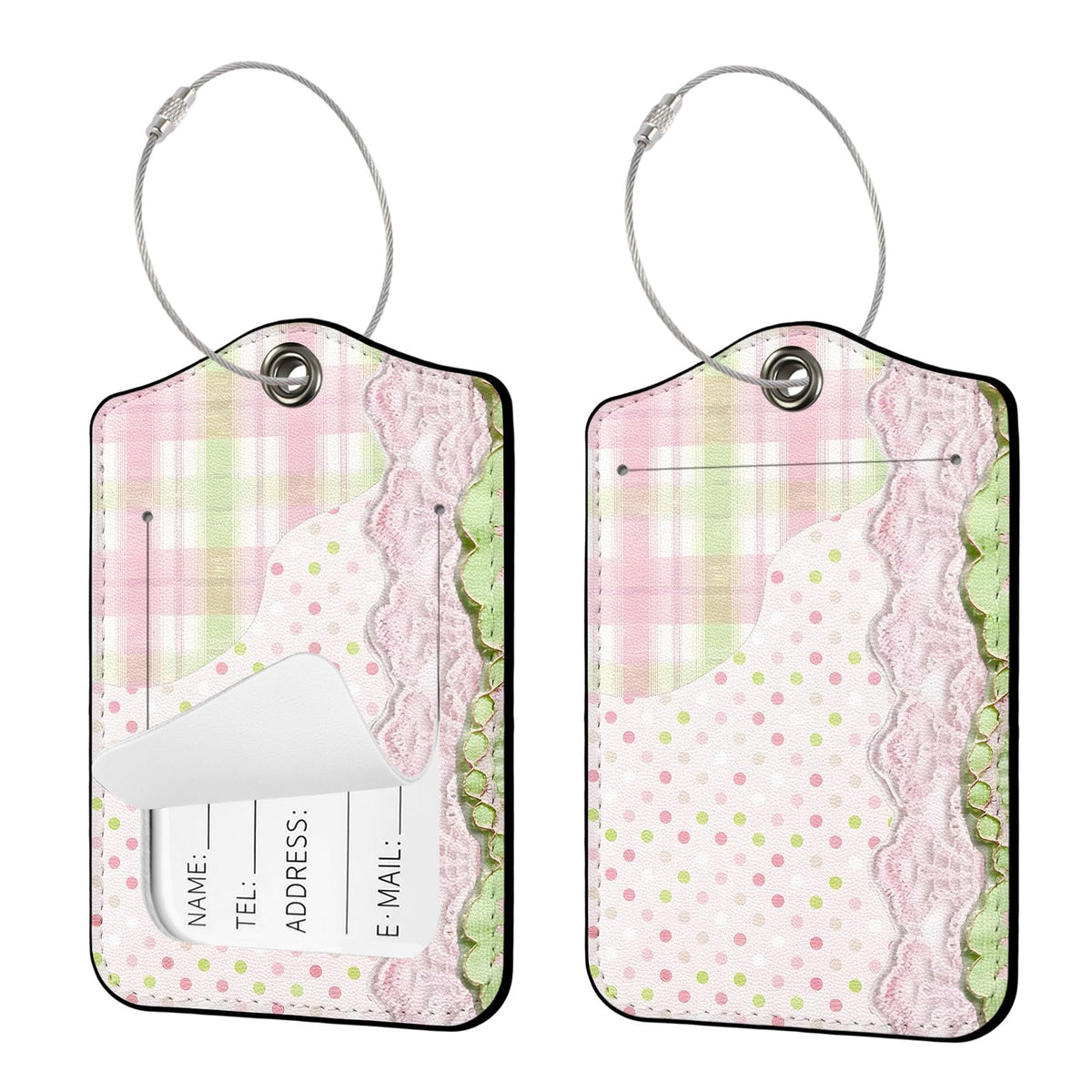 Seorsok 2Pcs Luggage Travel Tags for Suitcases,Cute Color Grids Checkered PU Leather Name Tag with Privacy Cover&ID Label Address Card and Durable Metal Ring Suitable for Men Women Handbags Backpack