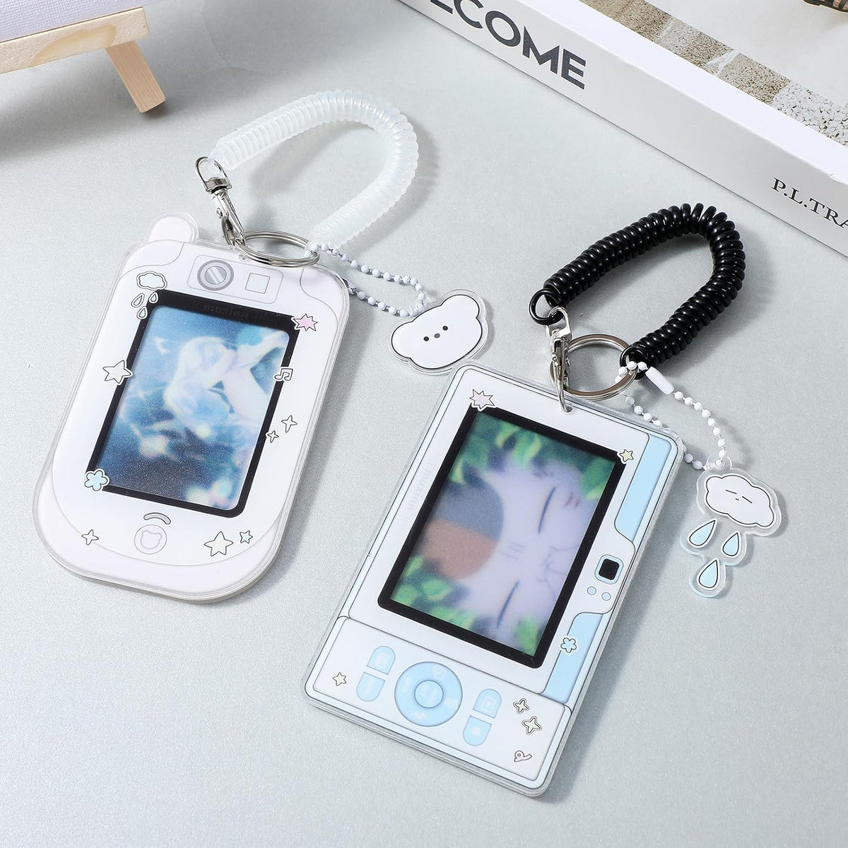 Mabor 2Pcs Cartoon Photo Card Holder, Photocard Holder Keychain Cute ID Badge Holders Acrylic Photocards Holders with Cloud Bear Pendant Spiral Wrist Coil