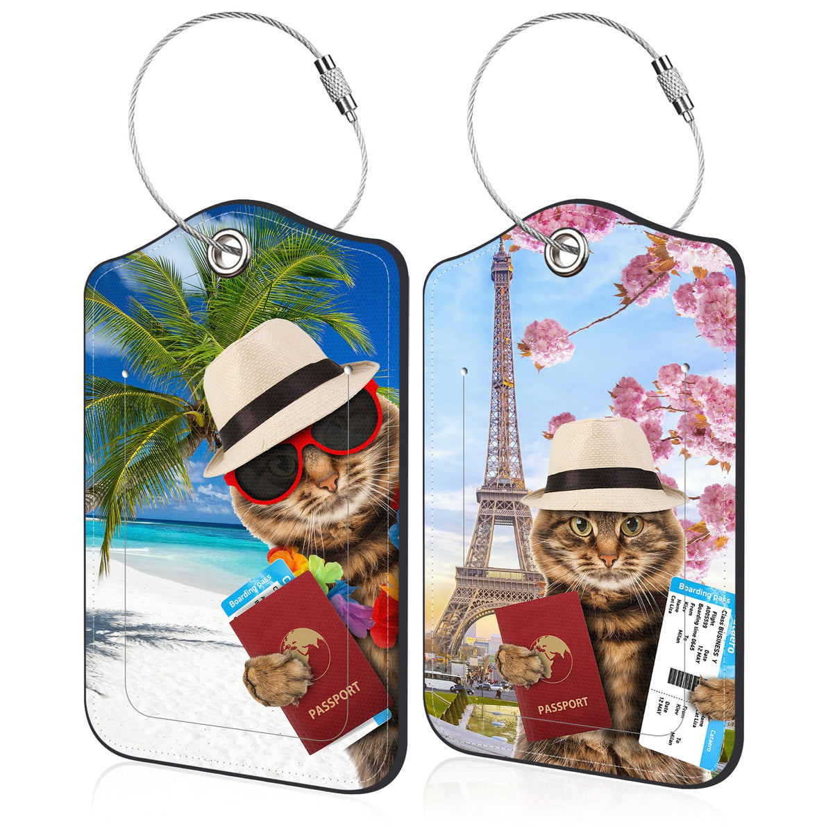 2 Pack Luggage Tag for Suitcase Funny Cat Passport Leather Travel Cruise Luggage Tag with Stainless Steel Loop Name ID Label Privacy Cover for Adults Teens Travel Bag Labels Set