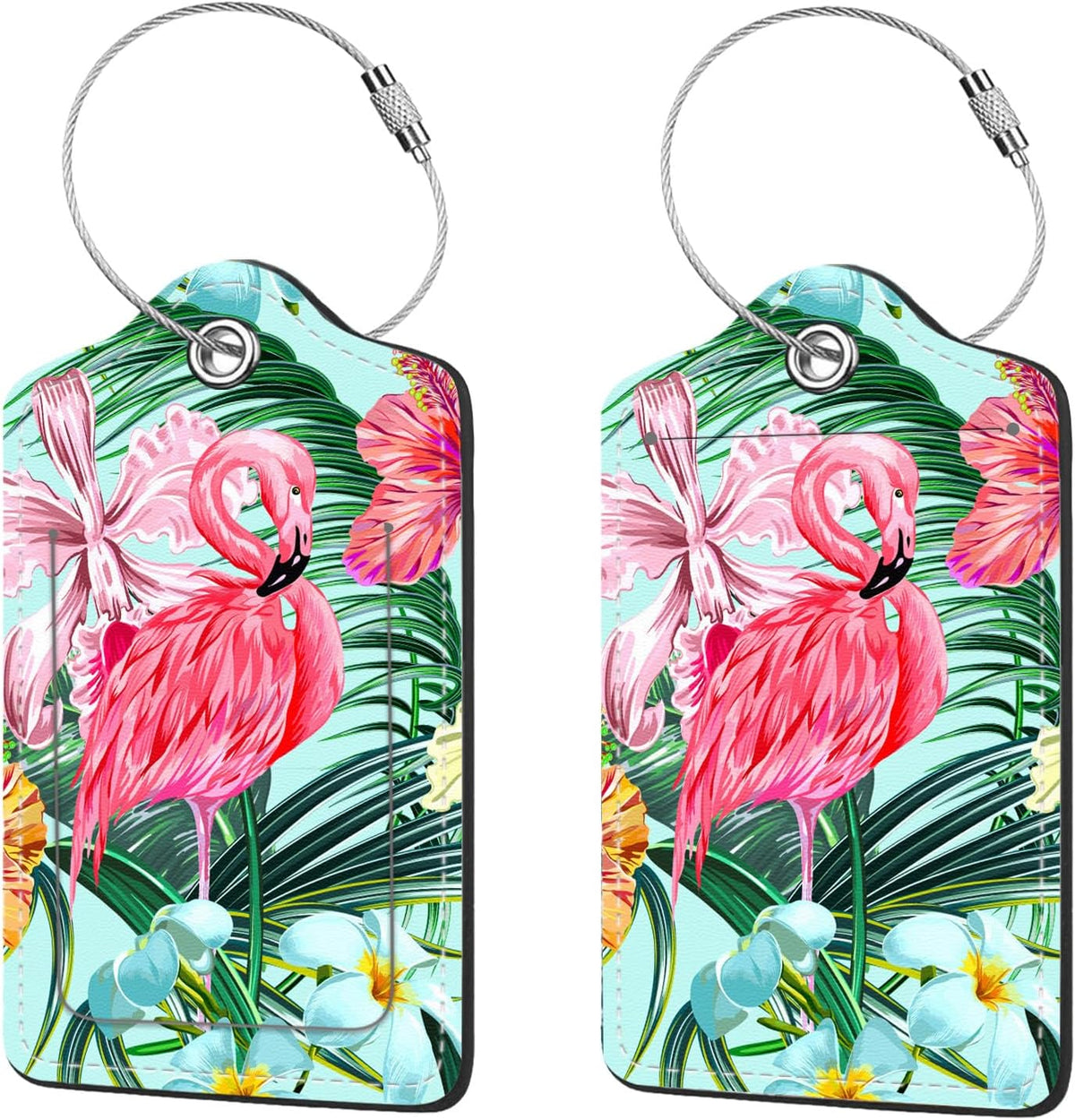 2 Pcs Luggage Tags for Suitcase, Cute Unique PU Leather Travel Bag Tag with Privacy Cover ID Label Address Card and Durable Metal Ring Suitable for Men Women Children Backpack,Flamingos