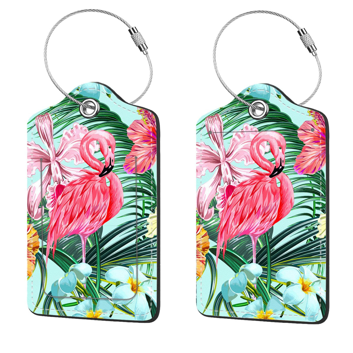 2 Pcs Luggage Tags for Suitcase, Cute Unique PU Leather Travel Bag Tag with Privacy Cover ID Label Address Card and Durable Metal Ring Suitable for Men Women Children Backpack,Flamingos