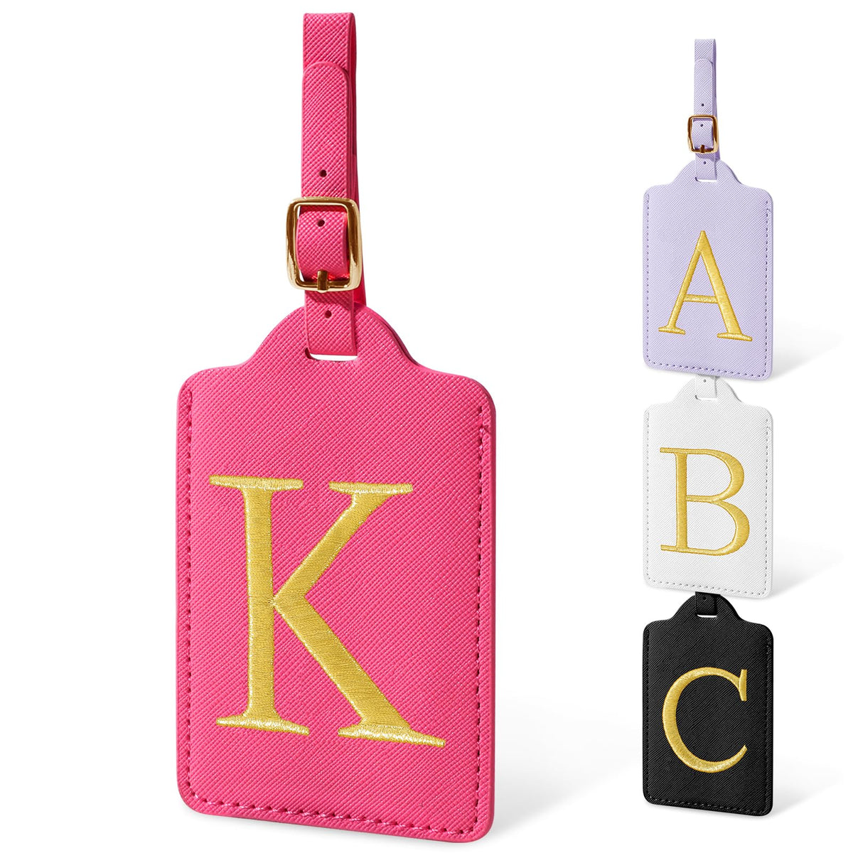 Personalized Initial Luggage Tags for Suitcases, Cute PU Leather Embroidered Letter Travel Luggage Tags, Suitcase Identifier Name Baggage Tag, Bag Tags for Men Women Kids Luggage Handbags(Pink M)