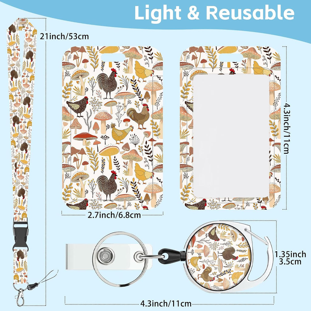 Cartoon Mushrooms Chickens Lanyards for ID Badges Retractable Removable Neck Lanyard with Badge Reel Vertical ID Work Badge Holder for Badge Holder Nurse Office Teacher