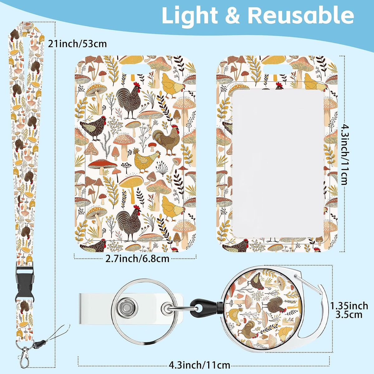 Cartoon Mushrooms Chickens Lanyards for ID Badges Retractable Removable Neck Lanyard with Badge Reel Vertical ID Work Badge Holder for Badge Holder Nurse Office Teacher