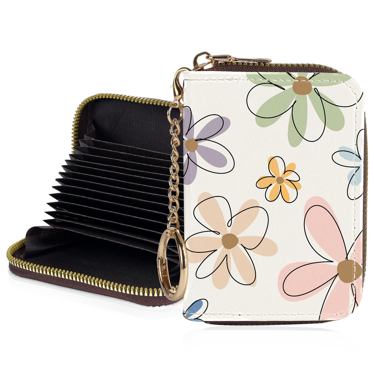 Credit Card Holder for Women,Small Rfid Wallet with Keychain Zipper,Cute PU Leather Card Case Wallet，Accordion Credit Card Wallets Gift,Flowers and Black Cat B