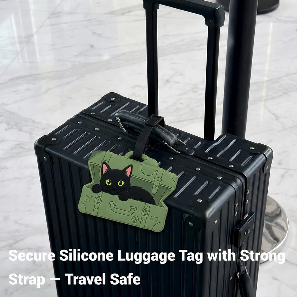 Peeking Black Cat Green Suitcase Silicone Luggage Tag for Travel Bags, Flexible Name Label with Adjustable Strap, Cute Identifier for Carry On, Backpacks, School Bags and Pet Lovers