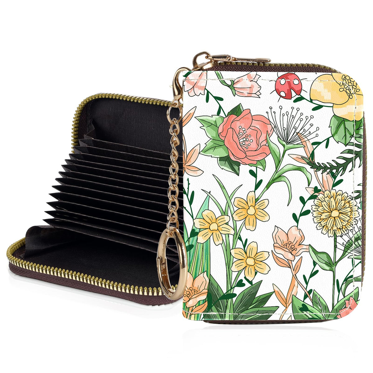 Credit Card Holder for Women,Small Rfid Wallet with Keychain Zipper,Cute PU Leather Card Case Wallet，Accordion Credit Card Wallets Gift,Flowers and Black Cat B
