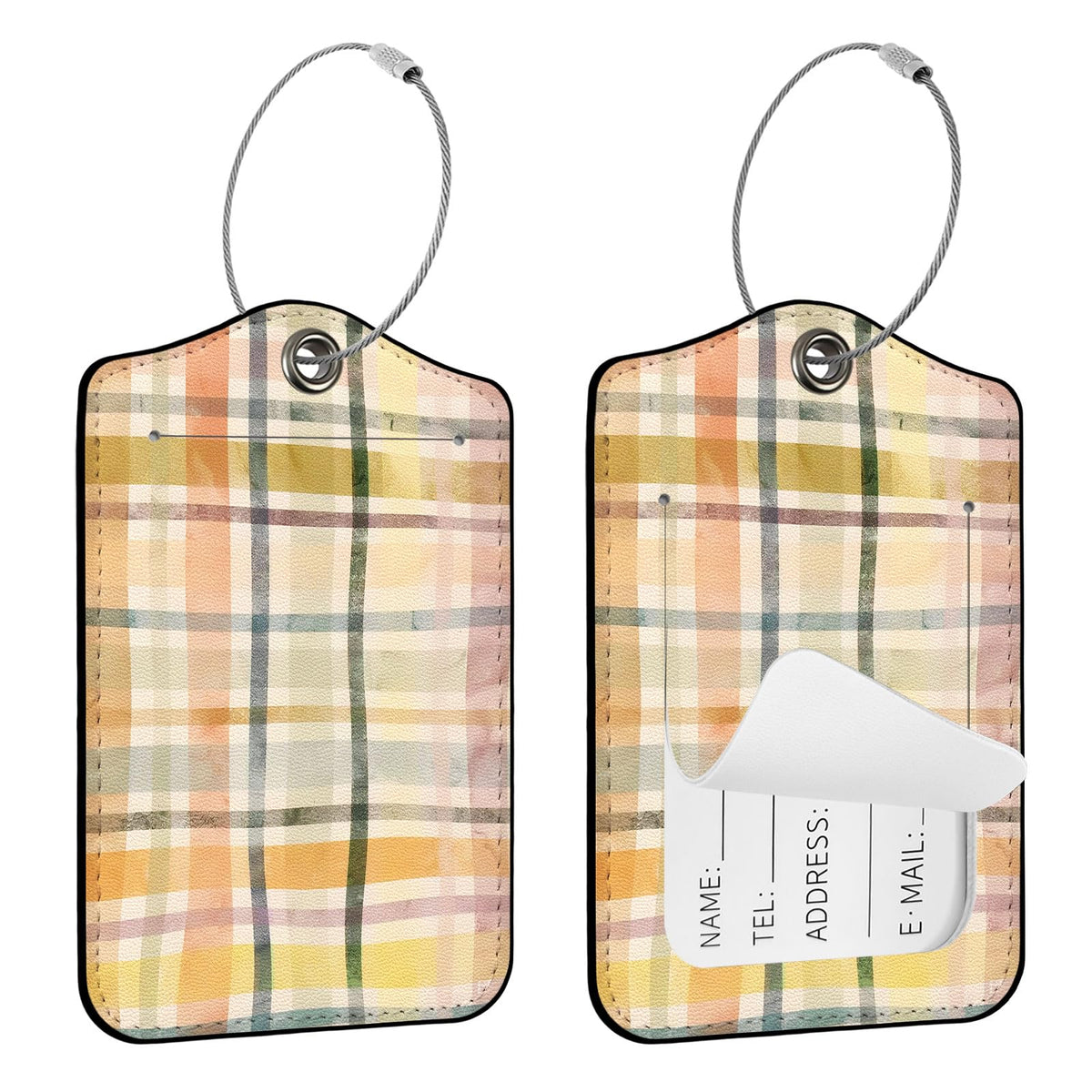 Seorsok 2Pcs Luggage Travel Tags for Suitcases,Cute Color Grids Checkered PU Leather Name Tag with Privacy Cover&ID Label Address Card and Durable Metal Ring Suitable for Men Women Handbags Backpack