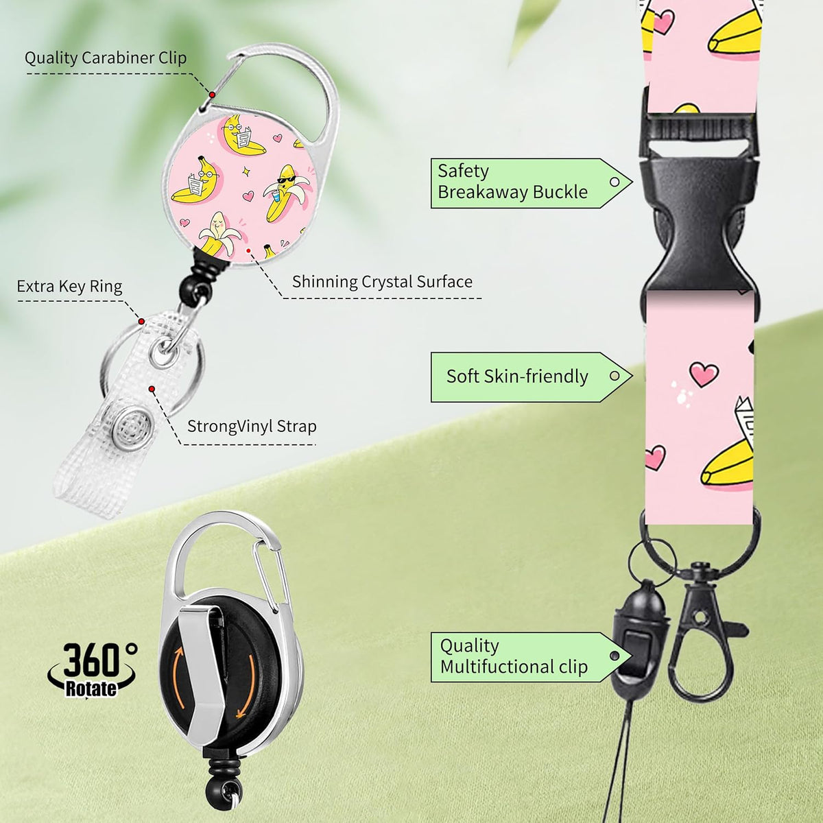 Funny Banana Badge Reel and Lanyard Set for Women, Retractable Badge Holder with Vertical ID Card Holder, Cute Cartoon Fruit Design, Fun Office Accessories Gift