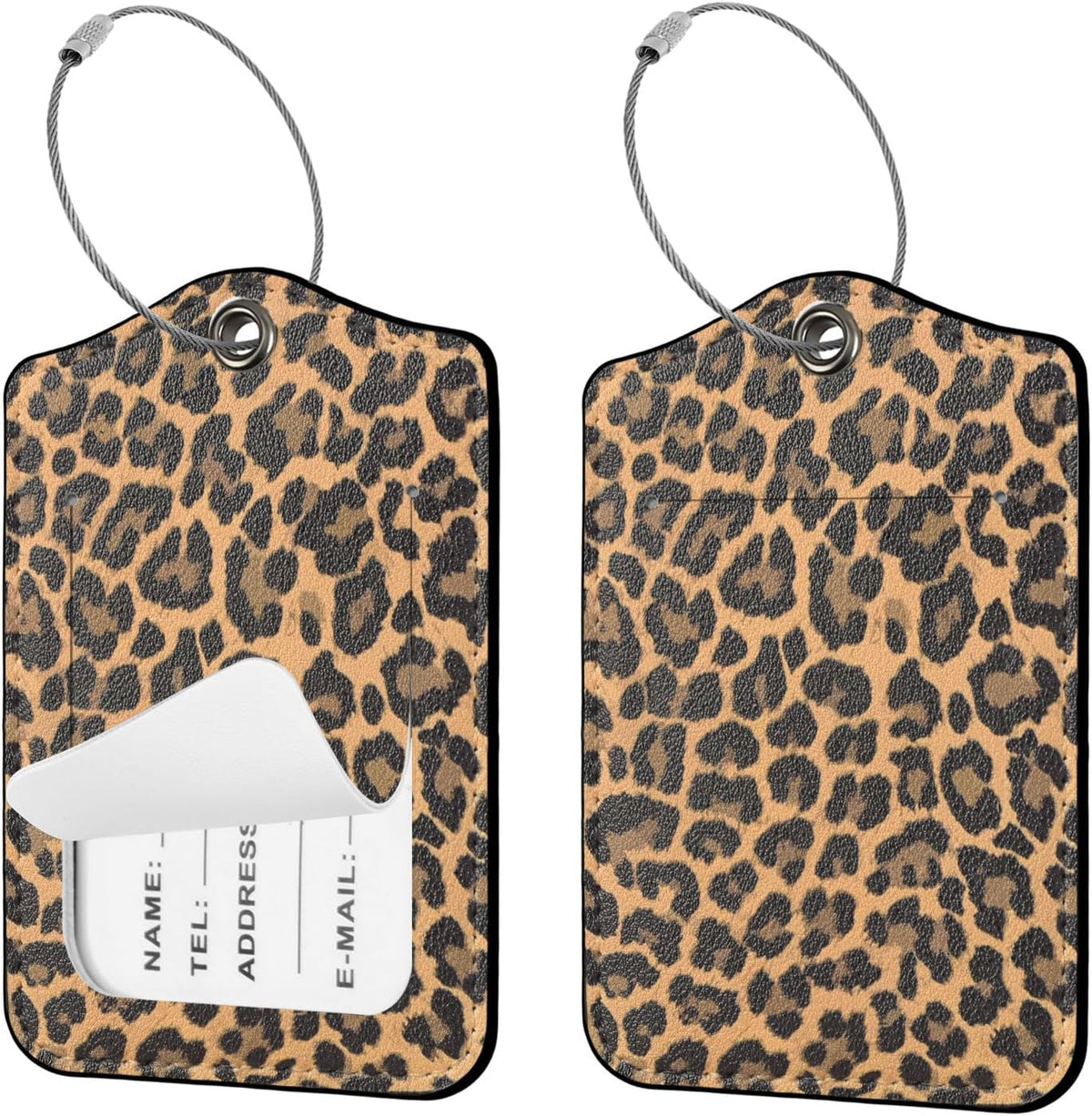 Seorsok 2 PCS Luggage Travel Tags for Suitcases,Cute Brown Leopard PU Leather Name Tag with Privacy Cover&ID Label Address Card and Durable Metal Ring Suitable for Men Women Handbags Backpack,Brown