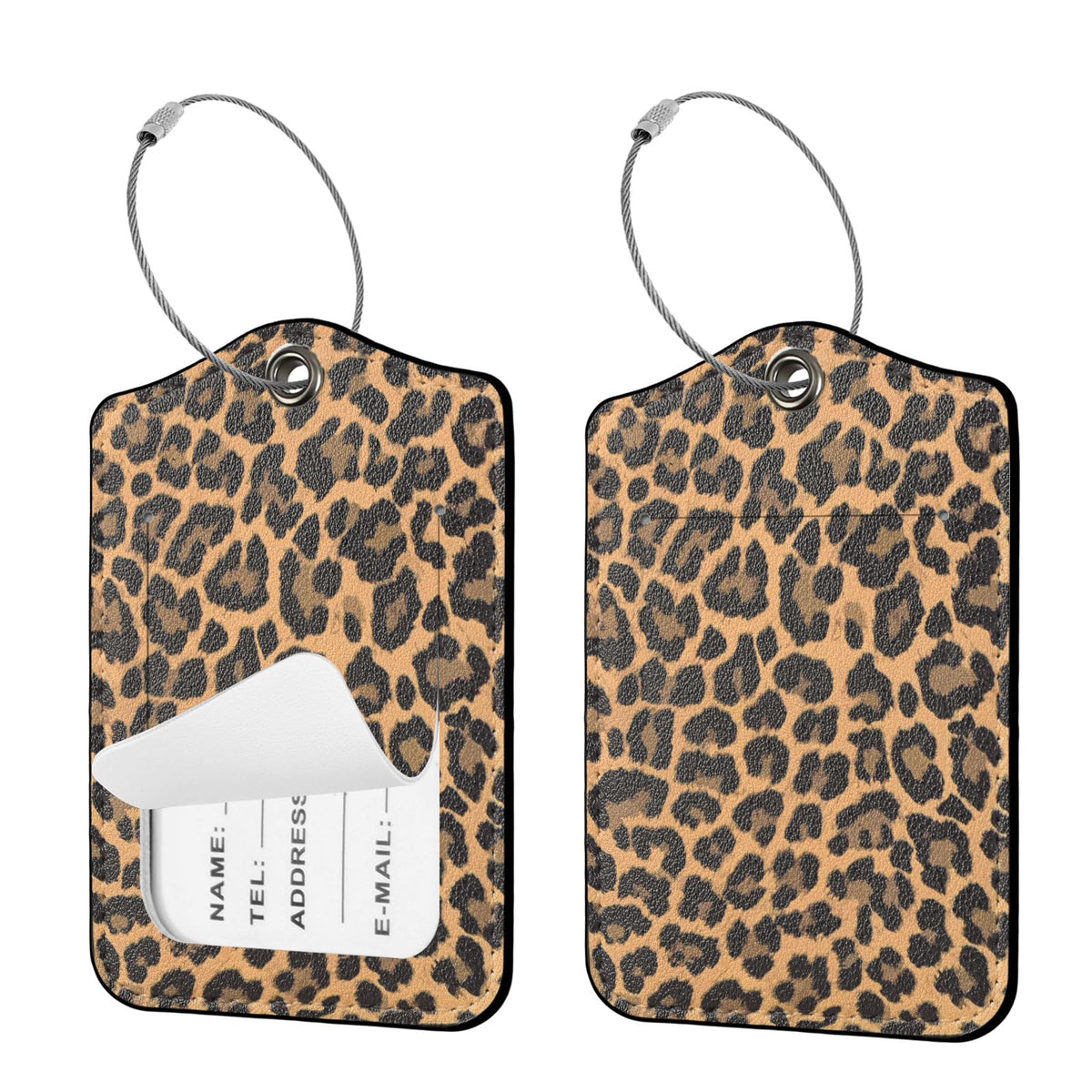 Seorsok 2 PCS Luggage Travel Tags for Suitcases,Cute Pink Leopard PU Leather Name Tag with Privacy Cover&ID Label Address Card and Durable Metal Ring Suitable for Men Women Handbags Backpack,Pink
