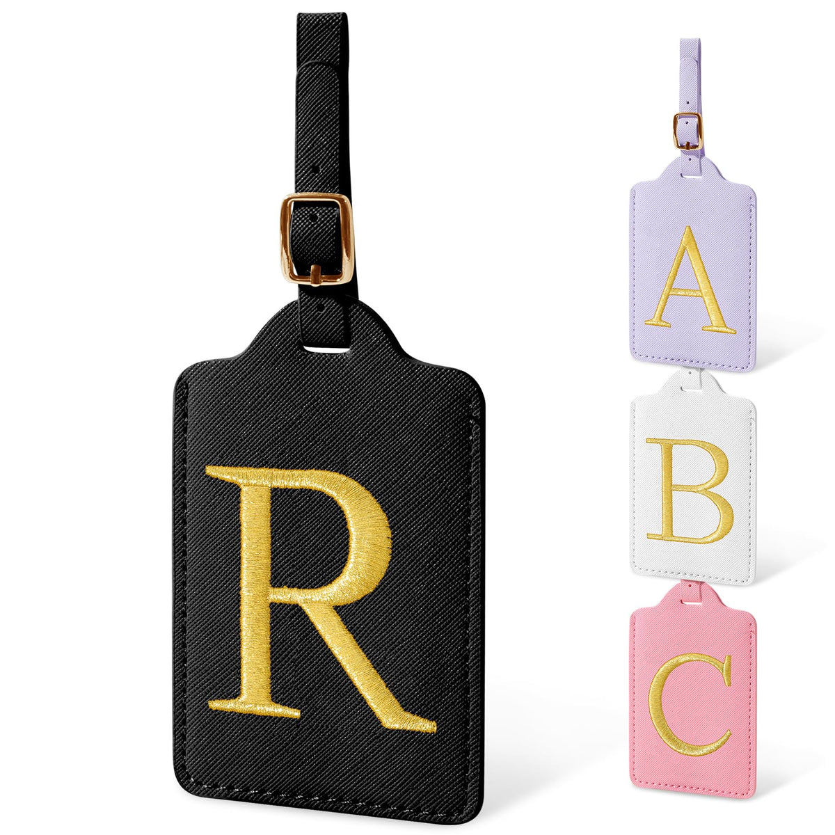 Personalized Initial Luggage Tags for Suitcases, Cute PU Leather Embroidered Letter Travel Luggage Tags, Suitcase Identifier Name Baggage Tag, Bag Tags for Men Women Kids Luggage Handbags(Pink M)