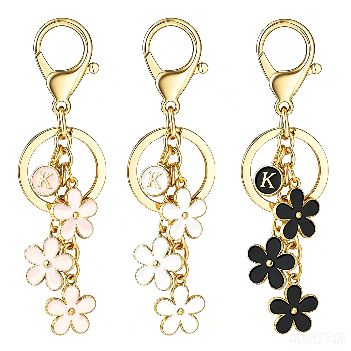 3Pcs Cute Keychain for Women, Flower Enamel Charm Keyring for Handbag Backpack Purse（White,Pink,Black