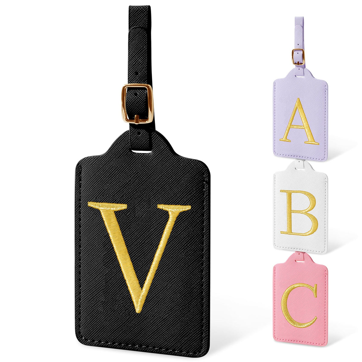 Personalized Initial Luggage Tags for Suitcases, Cute PU Leather Embroidered Letter Travel Luggage Tags, Suitcase Identifier Name Baggage Tag, Bag Tags for Men Women Kids Luggage Handbags(Pink M)