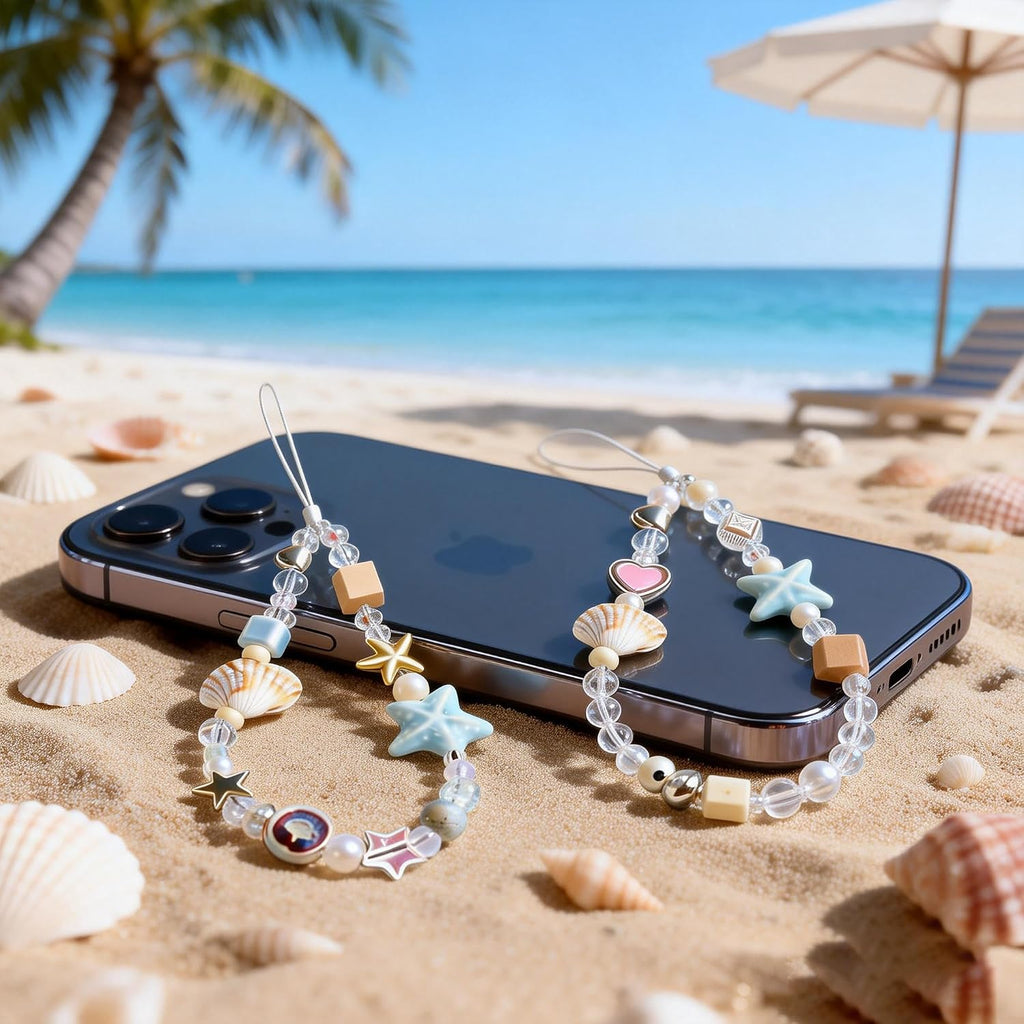 2 Pcs Phone Charm Strap Universal Hand Phone Wrist Strap Camera Lanyard Pearl Beaded Cute Chain String Accessories Universal for iPhone 16 Pro Max Samsung Women Girls Phones Bag Keychain Beach Style