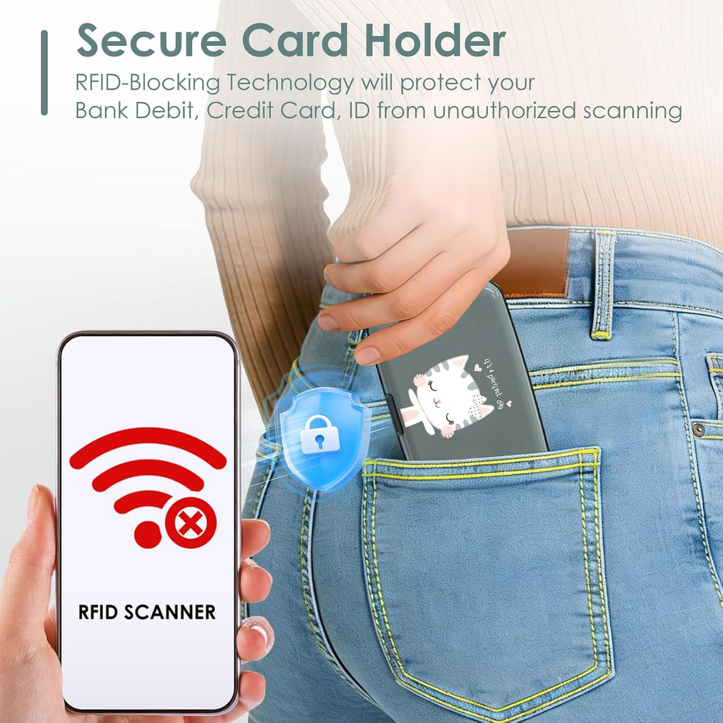 Mini RFID Blocking Credit Card, Cute Cat Wallet Credit Cards Holder Business Card Case Aluminum Metal Travel ID Case for Men Women