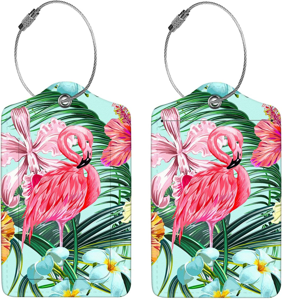 2 Pcs Luggage Tags for Suitcase, Cute Unique PU Leather Travel Bag Tag with Privacy Cover ID Label Address Card and Durable Metal Ring Suitable for Men Women Children Backpack,Flamingos