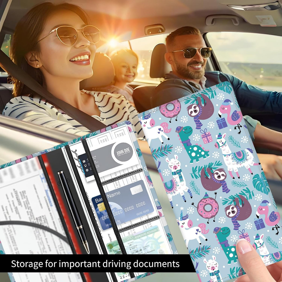 Premium Car Registration and Insurance Card Holder, Cute PU Leather Car Document Holder, Vehicle Glove Box Car Organizer with Magnetic Closure for Driver License, Cards Cartoon Animals