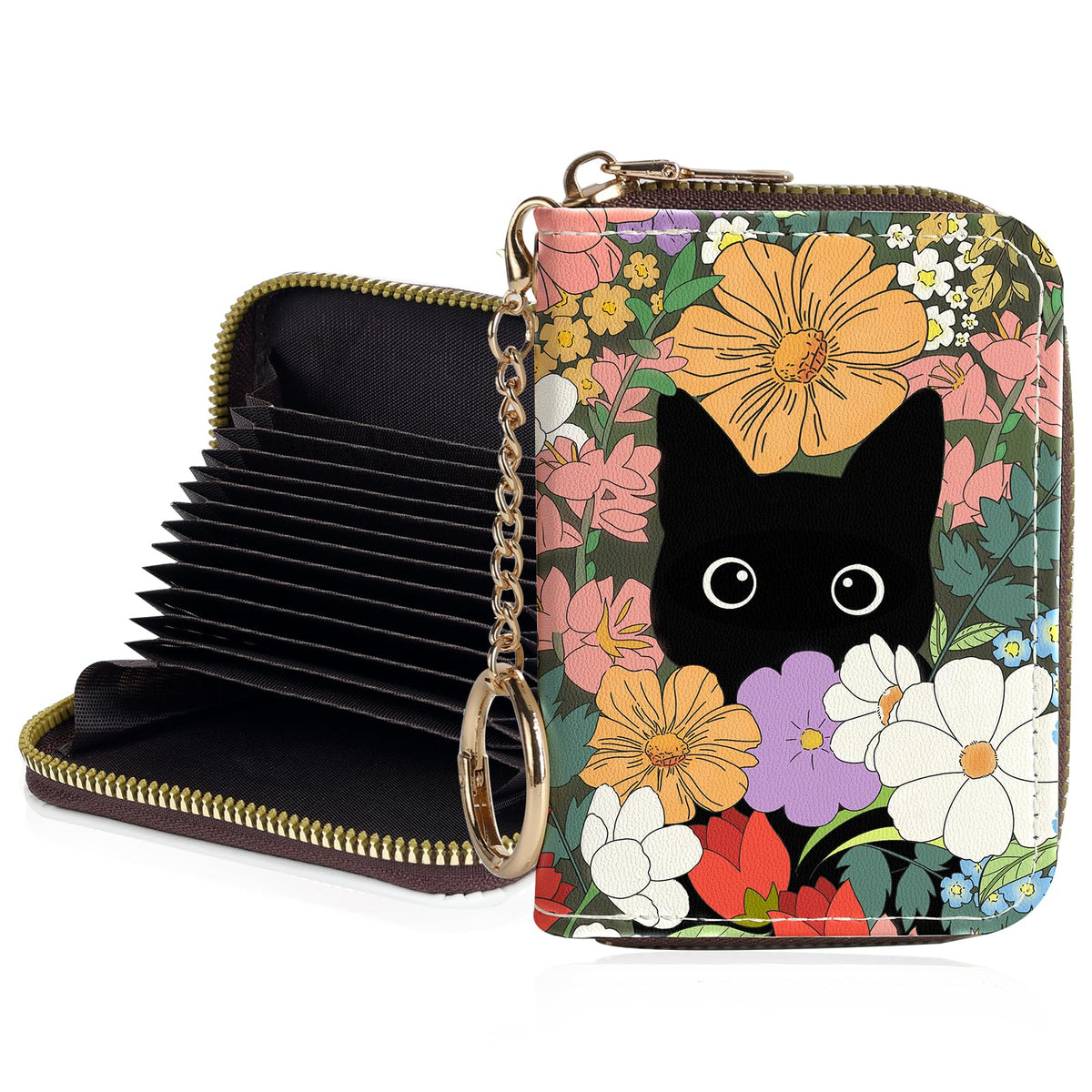 Credit Card Holder for Women,Small Rfid Wallet with Keychain Zipper,Cute PU Leather Card Case Wallet，Accordion Credit Card Wallets Gift,Cat Struck by Lightning