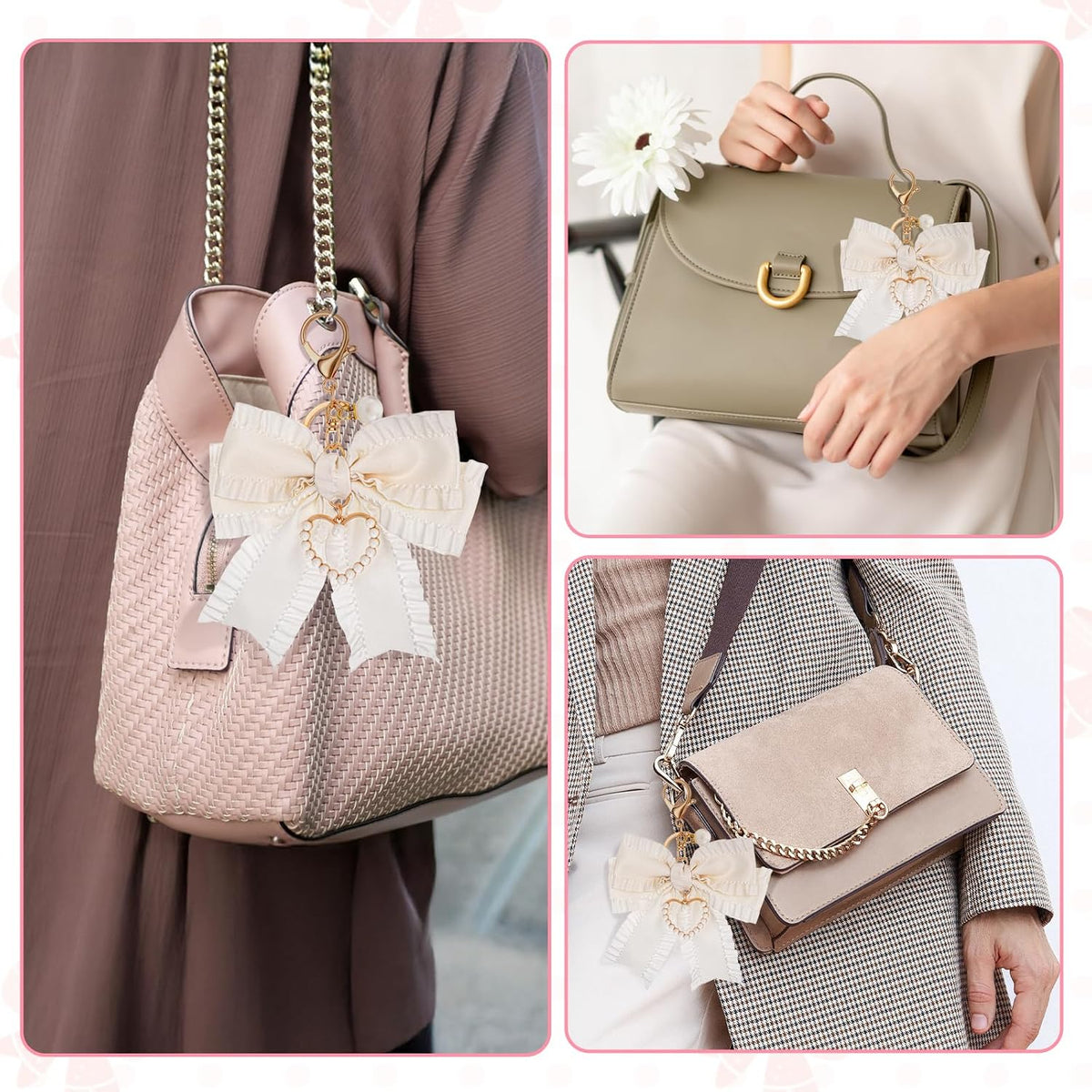 Bow Purse Keychain Charm Bow Keychain Bag Charms for Women, Bow Keychain Pearl Wristlet Keychain Backpack Charm Keychain Cute Handbag Purse Charms Accessories Charms for Purses Key Chains Car Keys