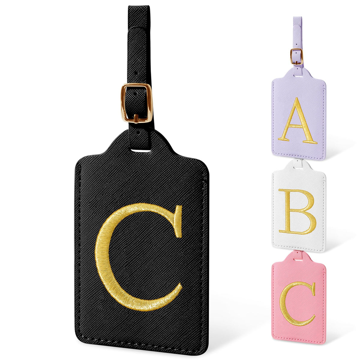 Personalized Initial Luggage Tags for Suitcases, Cute PU Leather Embroidered Letter Travel Luggage Tags, Suitcase Identifier Name Baggage Tag, Bag Tags for Men Women Kids Luggage Handbags(Pink M)