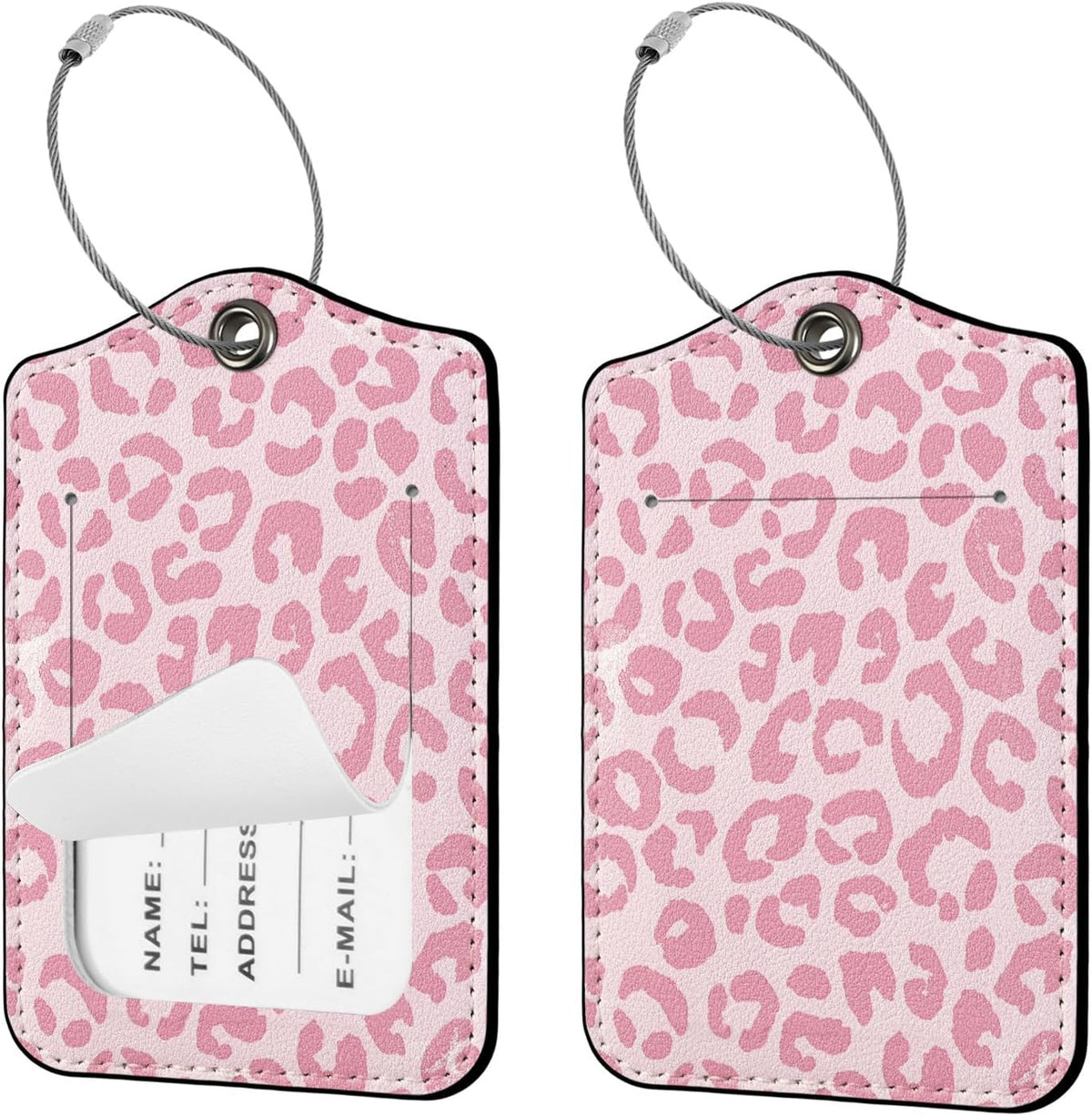 Seorsok 2 PCS Luggage Travel Tags for Suitcases,Cute Pink Leopard PU Leather Name Tag with Privacy Cover&ID Label Address Card and Durable Metal Ring Suitable for Men Women Handbags Backpack,Pink