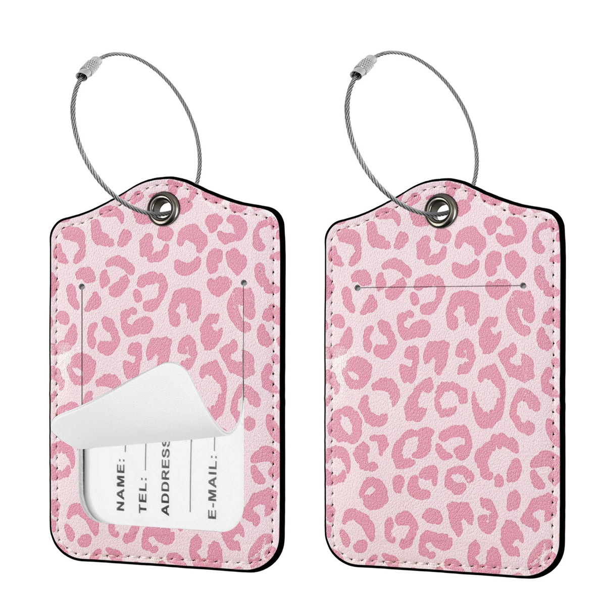 Seorsok 2 PCS Luggage Travel Tags for Suitcases,Cute Brown Leopard PU Leather Name Tag with Privacy Cover&ID Label Address Card and Durable Metal Ring Suitable for Men Women Handbags Backpack,Brown