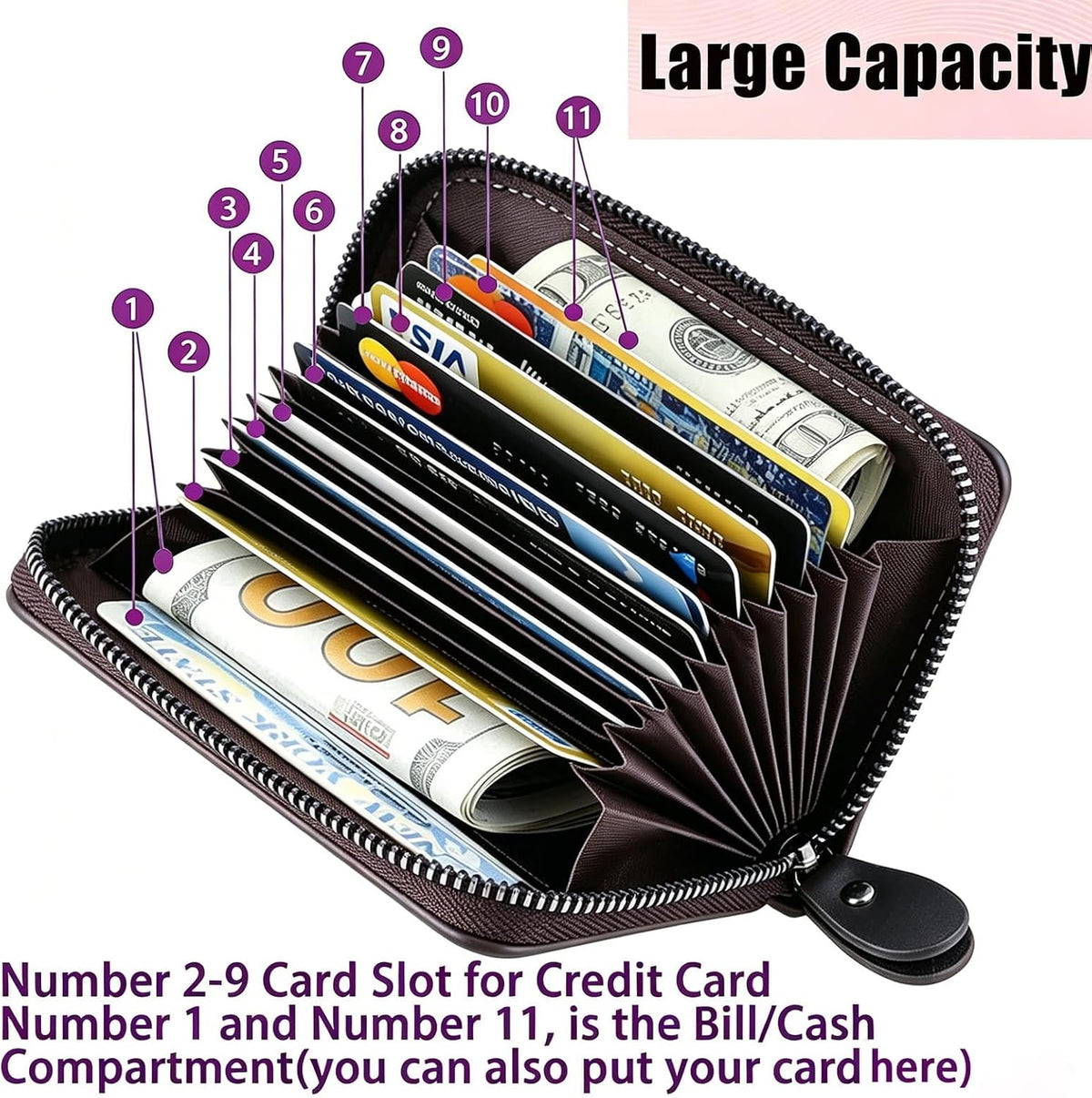 FEELMEM Coffee Cats Leather Credit Card Holder Zipper Wallet Cat Lover Barista Gift Coffee Enthusiasts Gift (black)