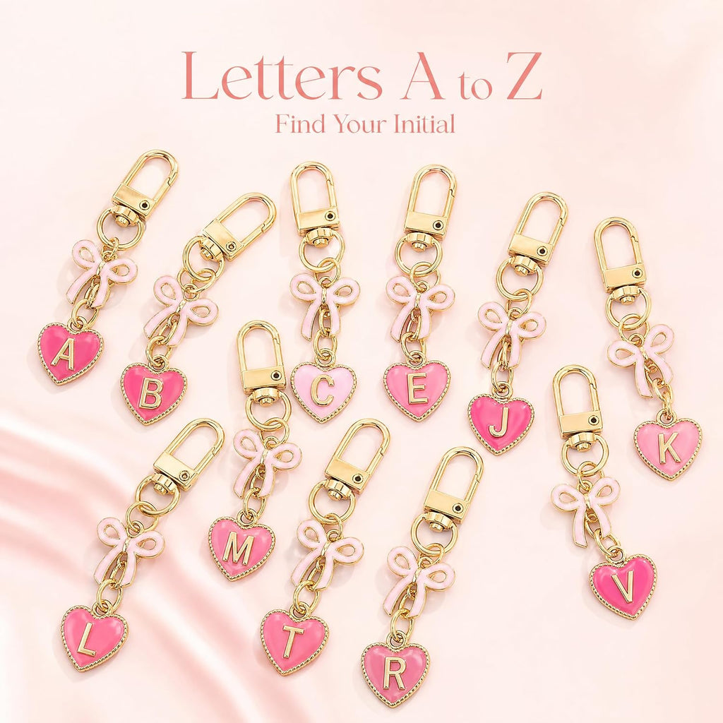 YOJO Pink Initial Letter Keychain with Enamel Bow and Heart Pendant
