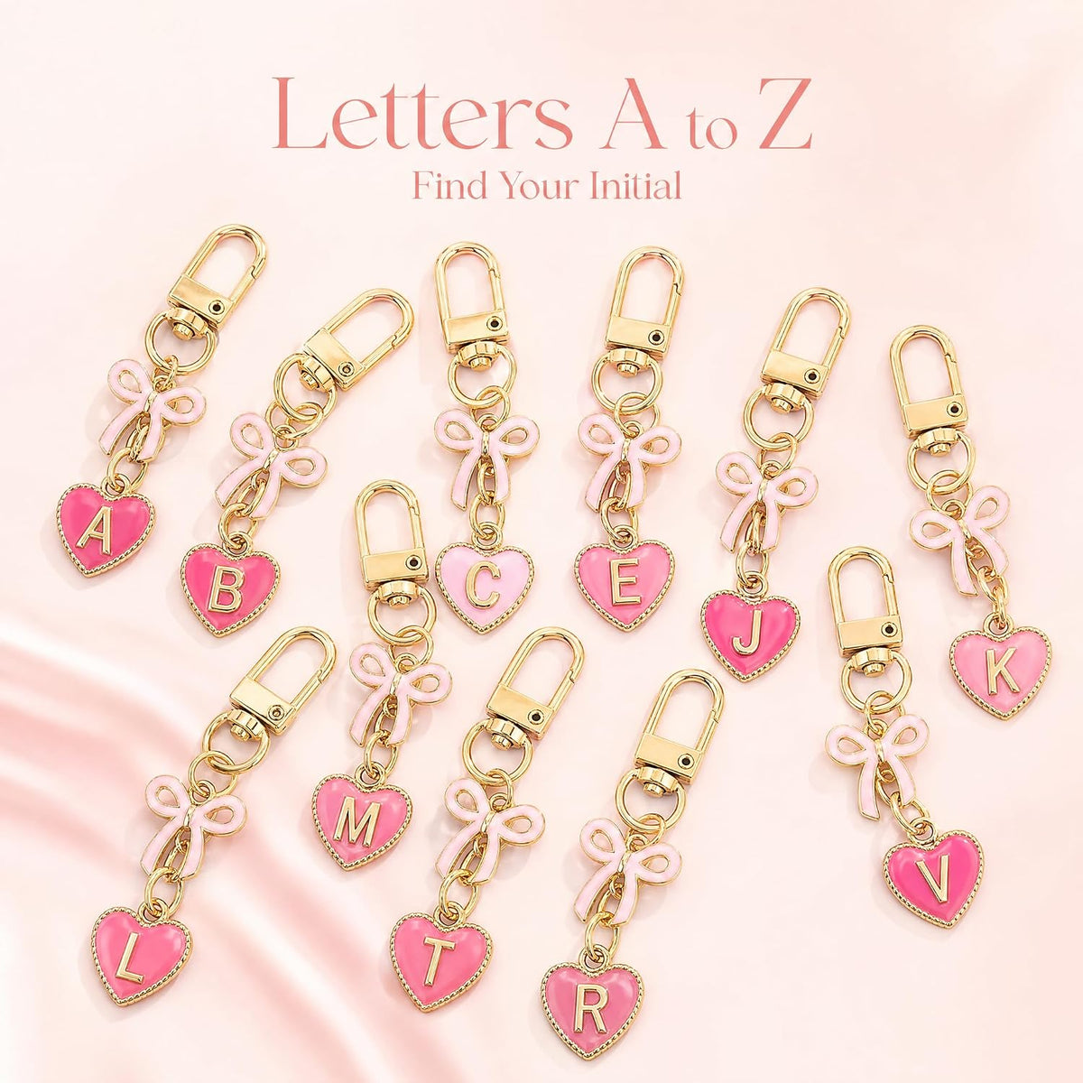 YOJO Pink Initial Letter Keychain with Enamel Bow and Heart Pendant
