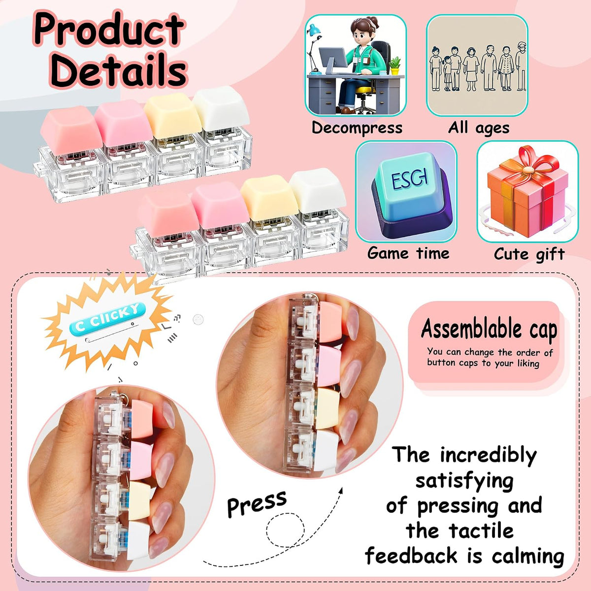 2 PCS Keyboard Fidget Toy, Keyboard Fidget Keychain 4-in-1 Keyboard Decompression Button Finger Clicker Toys, Button Stress Relief Fidget Gifts to Relief Stress (Fours Colors-Pink Yellow White)