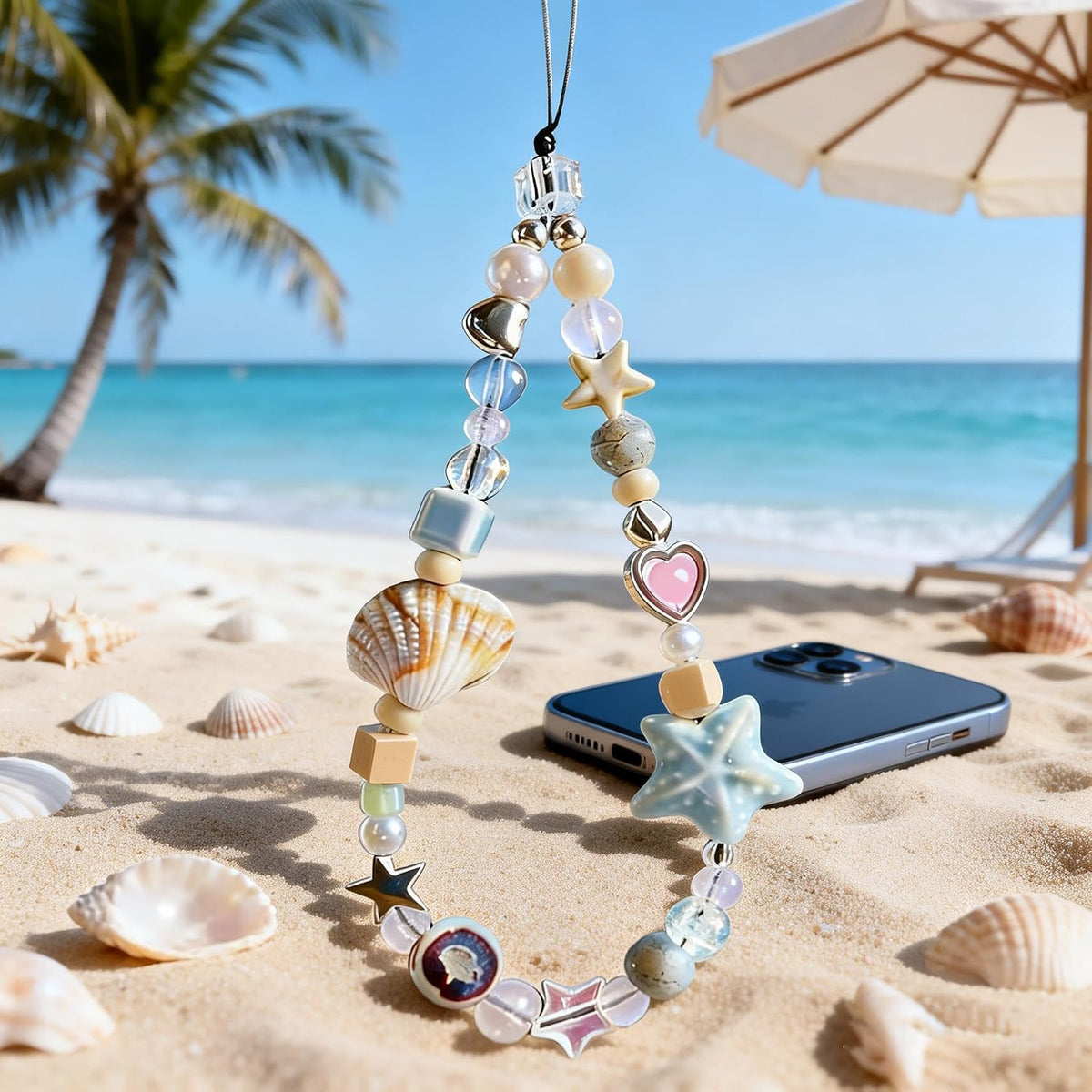 2 Pcs Phone Charm Strap Universal Hand Phone Wrist Strap Camera Lanyard Pearl Beaded Cute Chain String Accessories Universal for iPhone 16 Pro Max Samsung Women Girls Phones Bag Keychain Beach Style