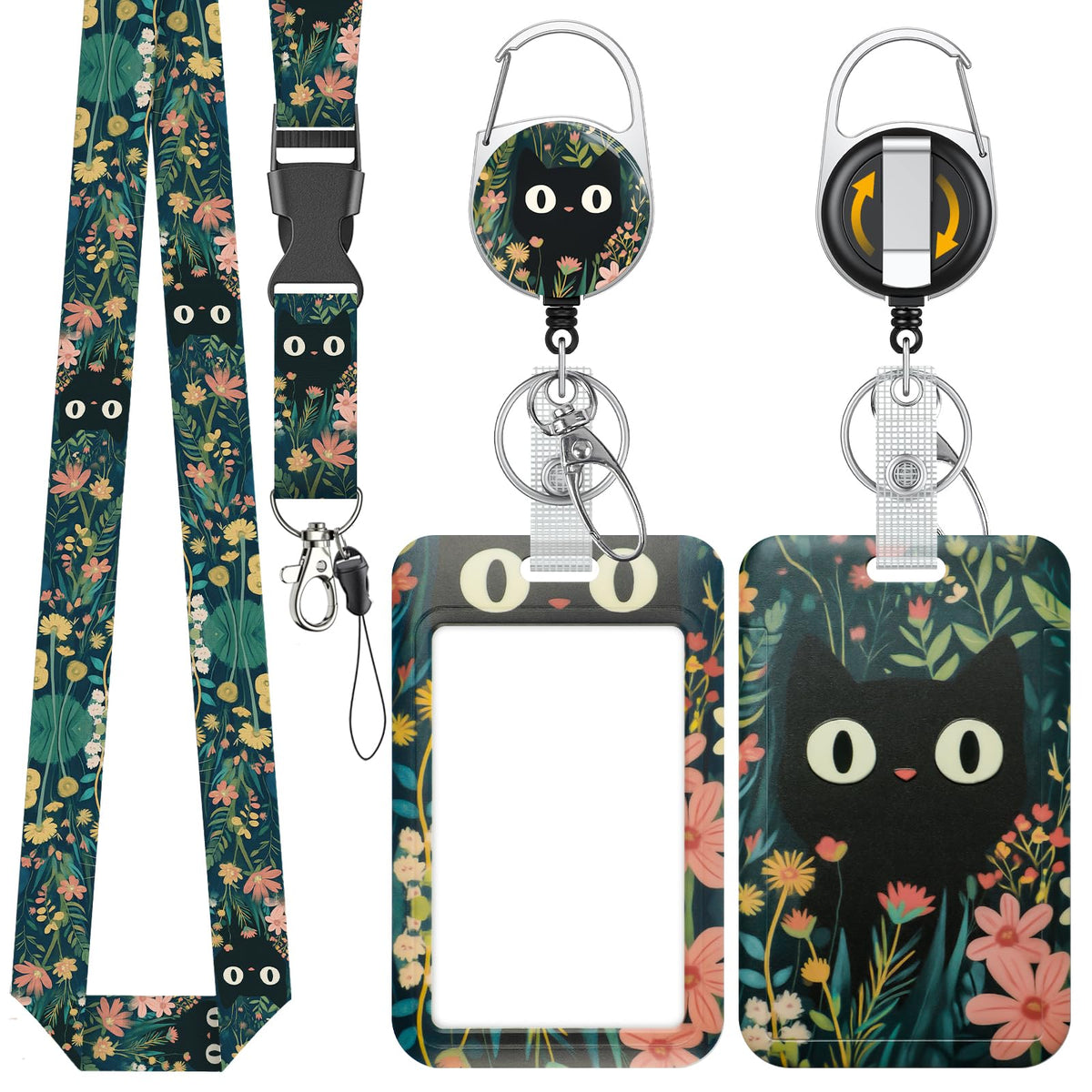 Uniclife Fashionable Sliding Badge Holder Exploding Fluff Cat Plastic Card Holder with Retractable Badge Reel Carabiner & Detachable Lanyard Vertical Card Protector for Office Worker Teacher Student
