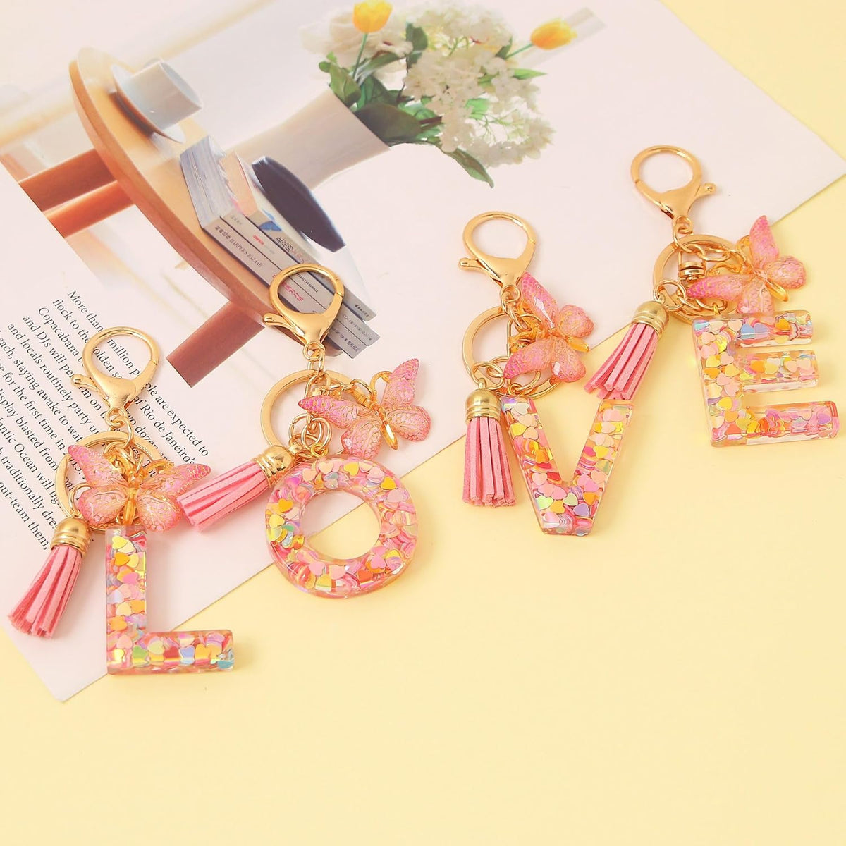Fashion Alphabet Initial Letter Keychain Tassel Butterfly Pendant Key Ring for Purse Handbags Women Girl