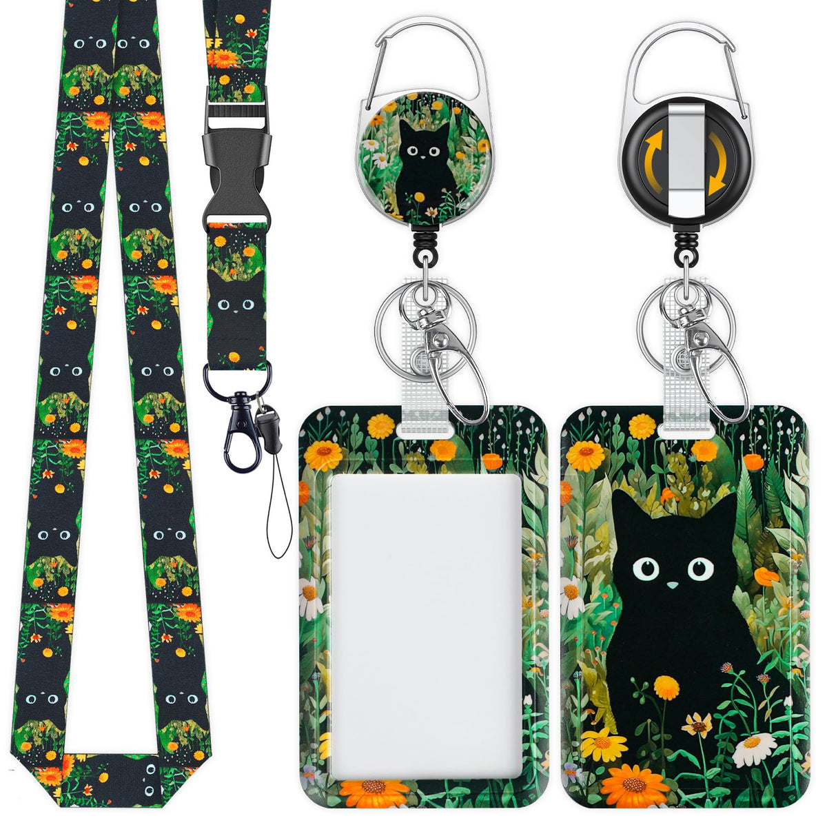 Uniclife Fashionable Sliding Badge Holder Exploding Fluff Cat Plastic Card Holder with Retractable Badge Reel Carabiner & Detachable Lanyard Vertical Card Protector for Office Worker Teacher Student