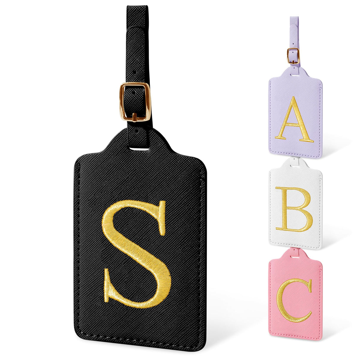 Personalized Initial Luggage Tags for Suitcases, Cute PU Leather Embroidered Letter Travel Luggage Tags, Suitcase Identifier Name Baggage Tag, Bag Tags for Men Women Kids Luggage Handbags(Pink M)