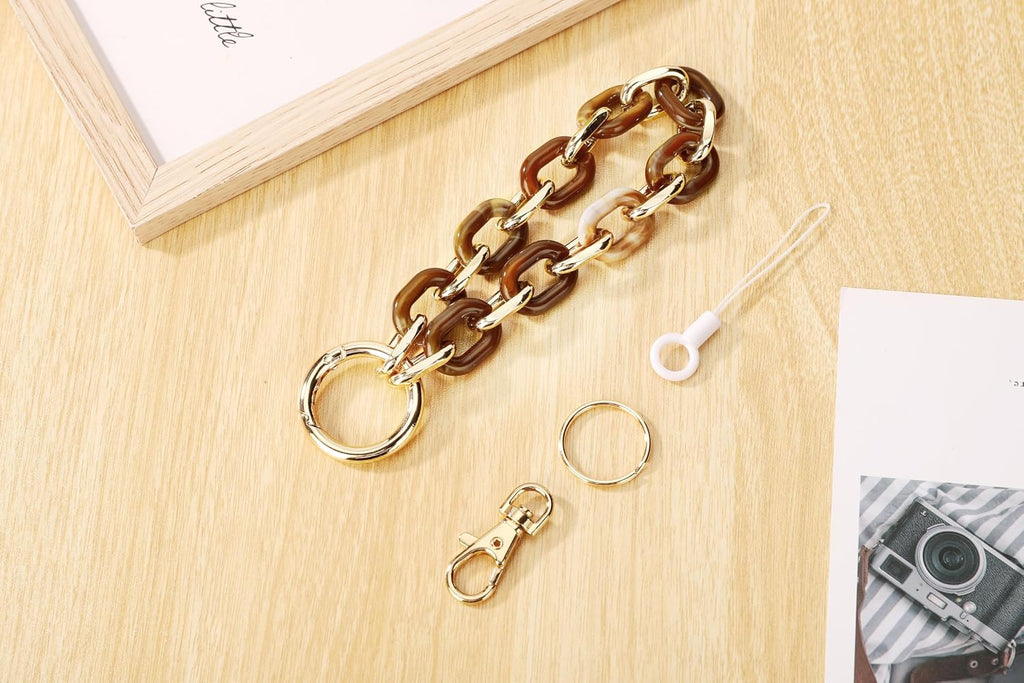 Junyuerly Stylish Wrist Lanyard Keychain Wristlet Key Chains Resin and Hardware Chains Link Gold Key Ring Bracelet for Women