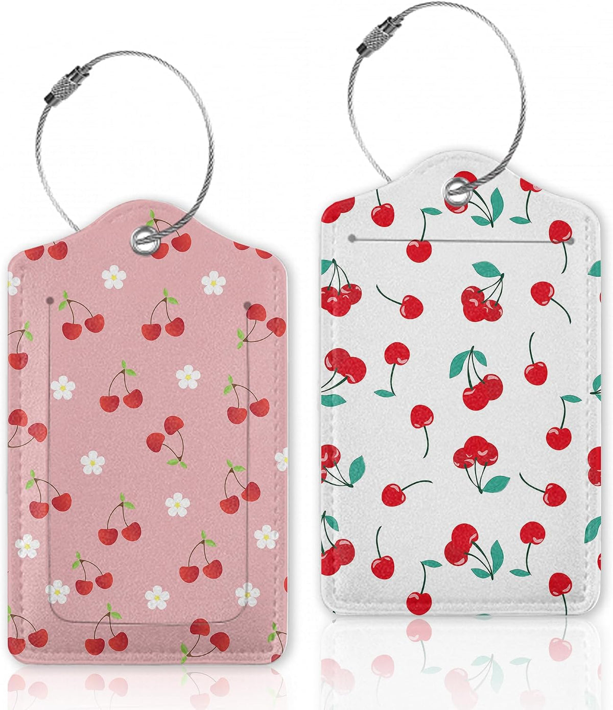 Cute Red Cherry with Flower Luggage Tags for Suitcase,Luggage Tag with Stainless Steel Loop Privacy Cover Id Label Travel Bag Luggage Identifiers for Women Men Travel,Set of 2