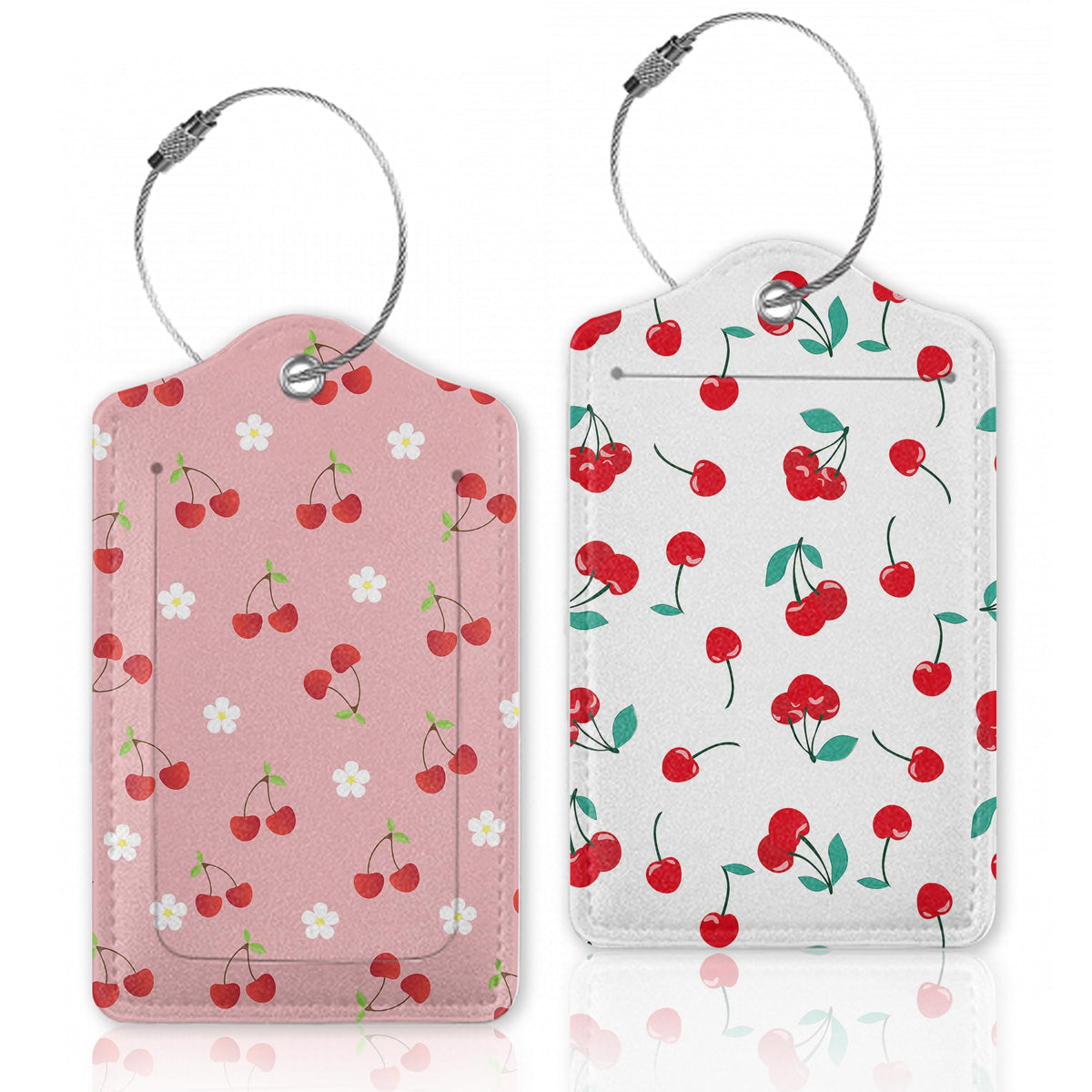 Cute Red Cherry with Flower Luggage Tags for Suitcase,Luggage Tag with Stainless Steel Loop Privacy Cover Id Label Travel Bag Luggage Identifiers for Women Men Travel,Set of 2