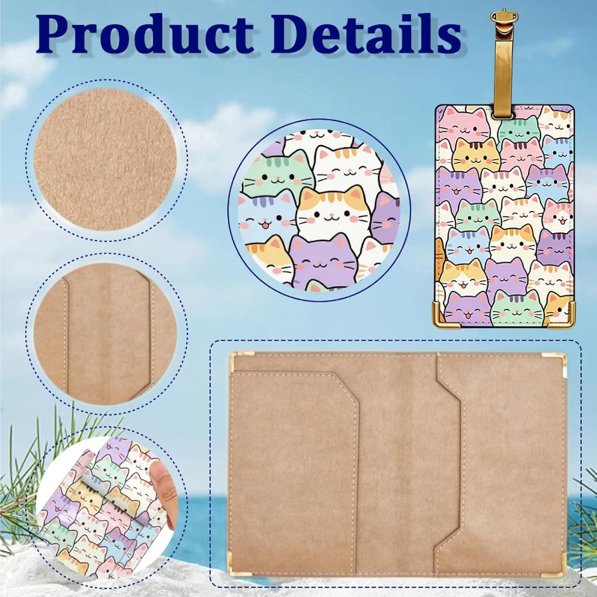 Cat Design Passport Holder Luggage Tag Men Women for Travel Essentials, Leather Passport Cover Cute Cartoon Pattern Travel Wallet Card Protector Stylish Accessories 5.4 x 4.1 x 0.2 Inch