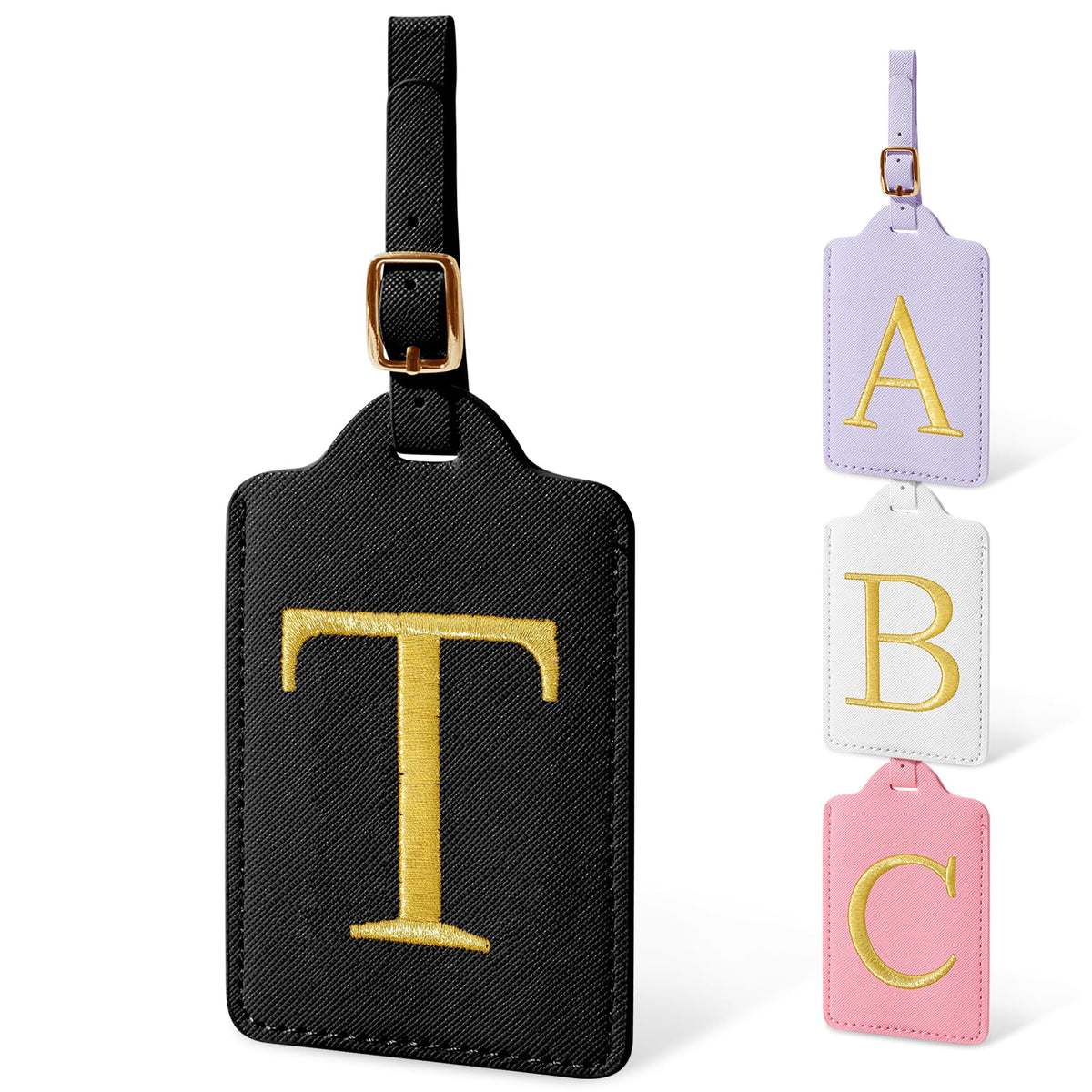 Personalized Initial Luggage Tags for Suitcases, Cute PU Leather Embroidered Letter Travel Luggage Tags, Suitcase Identifier Name Baggage Tag, Bag Tags for Men Women Kids Luggage Handbags(Pink M)