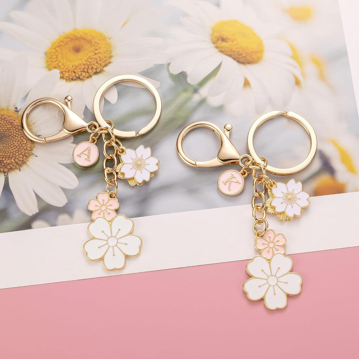 SELOVO Initial Keychain Flower Charms for Key Cute Pink Letter Keyring for Backpack