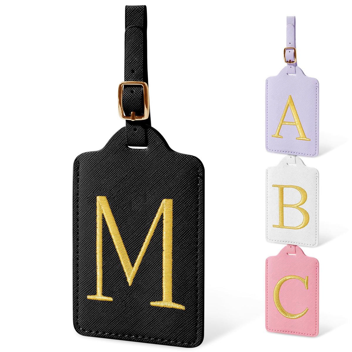 Personalized Initial Luggage Tags for Suitcases, Cute PU Leather Embroidered Letter Travel Luggage Tags, Suitcase Identifier Name Baggage Tag, Bag Tags for Men Women Kids Luggage Handbags(Pink M)
