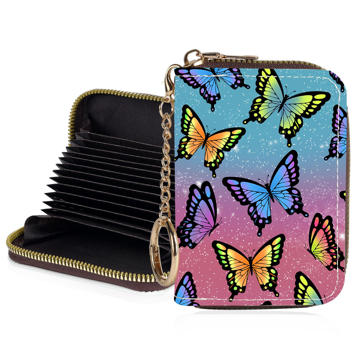 Credit Card Holder for Women,Small Rfid Wallet with Keychain Zipper,Cute PU Leather Card Case Wallet，Accordion Credit Card Wallets Gift,Cat Struck by Lightning