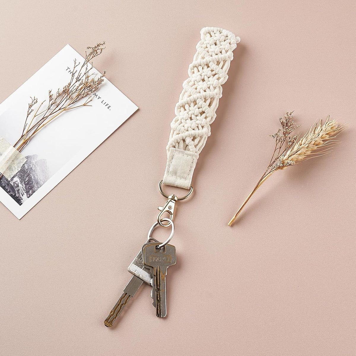 Mkono Macrame Keychain Wristlet, Beige Crochet Boho Lanyard for Car Keys