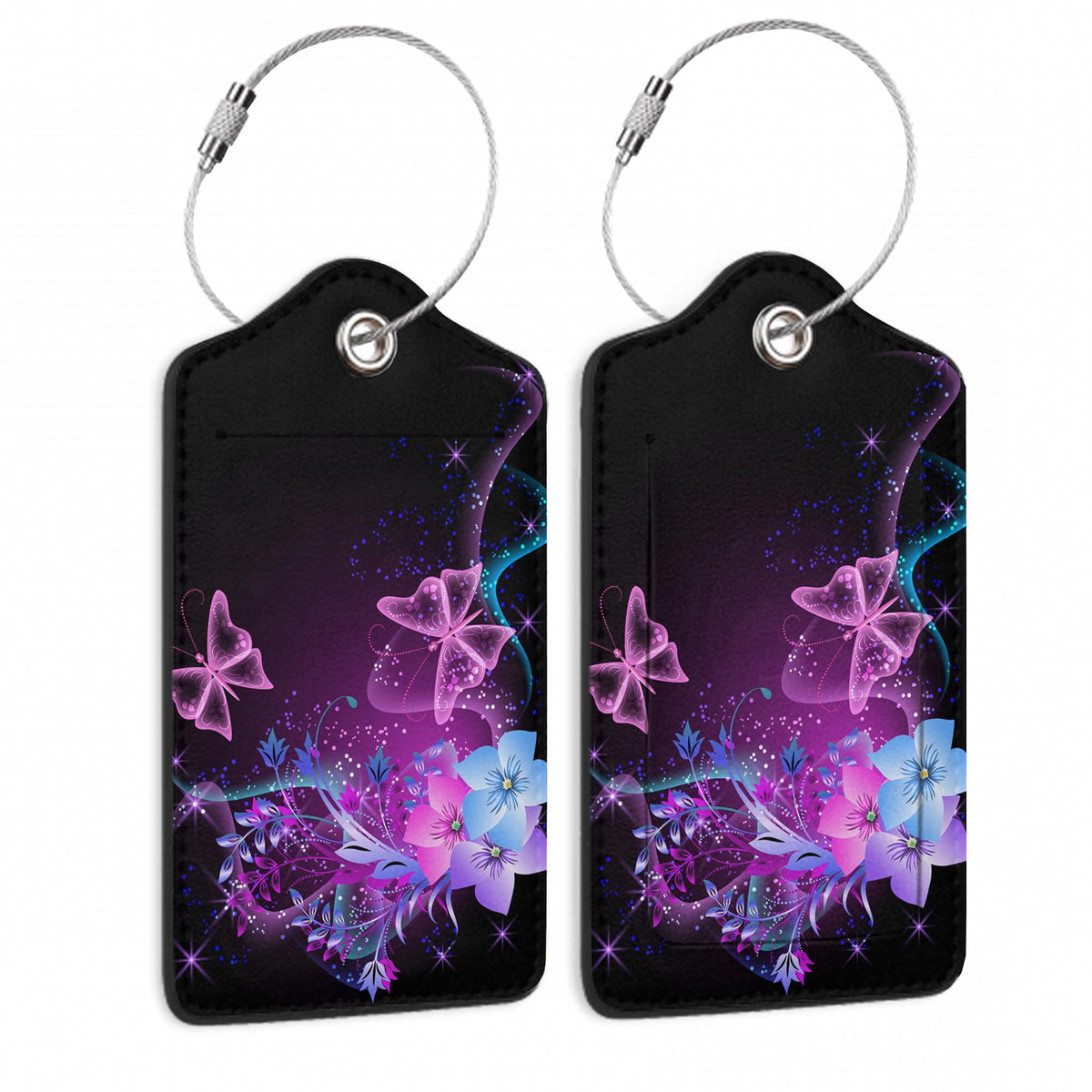 Travel Stamp Luggage Tags for Suitcase,2 Pack Retro Passport Carte Postale Luggage Tag Leather Privacy Cover ID Label with Stainless Steel Loop for Women Men Kids Girls