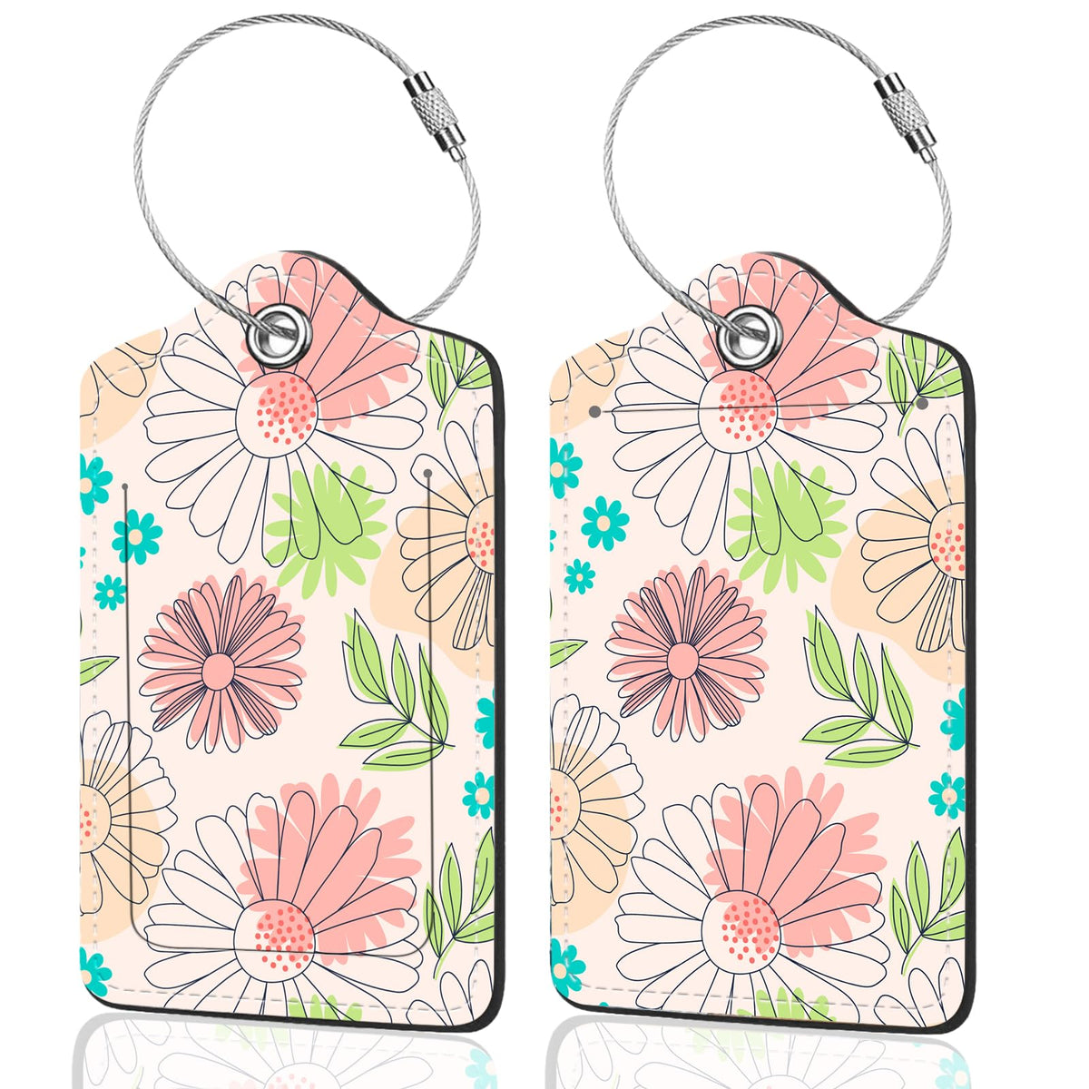 2Pack Luggage Tags for Suitcases, Cute Unique Pu Leather Cruise Luggage Tag with Privacy Cover ID Label Address Card and Metal Ring Suitable for Women Men Kids Travel Bag Linear Flower